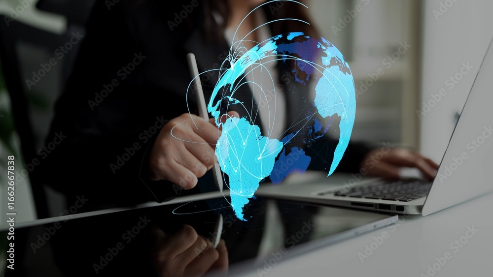 Poster global network connection visualization showing data exchange, digital link, worldwide communication