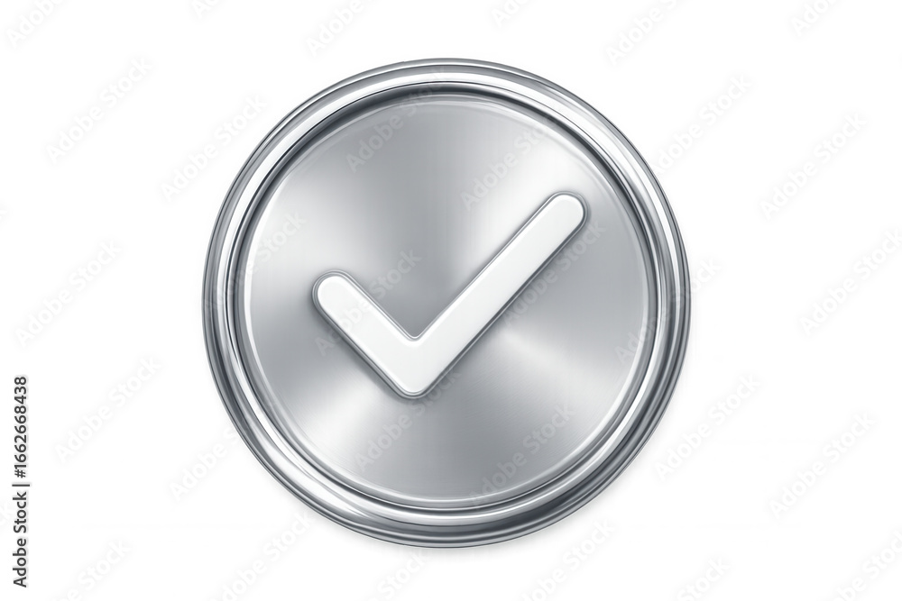 Poster metal check mark button confirming approval, transparent background, enhancing web design and user i