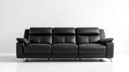 A black leather three seater sofa with headrests and metal legs against a white background