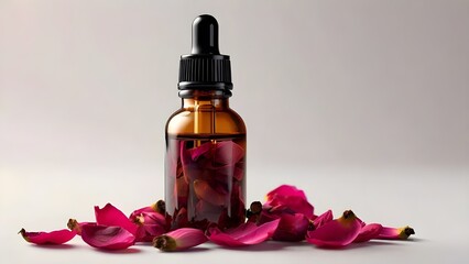 Rose hip petal oil idea. A brown dropper bottle surrounded by dark pink rosehip petals, along with a clear glass jar, all set against a white background in a studio shot.
