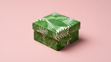 Green Leaf Pattern Gift Box on Soft Pink Background for Presenting