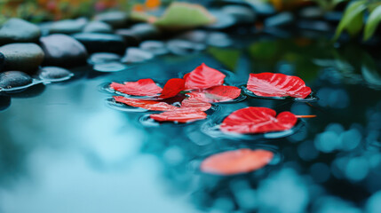 Vibrant red autumn leaves floating on tranquil blue water isolated on transparent background