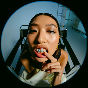 Bold fashion portrait of woman with diamond grillz and fisheye lens effect