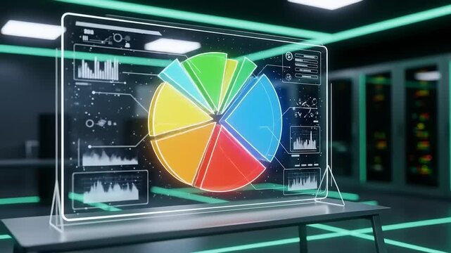 Futuristic data visualization display showcasing pie chart and analytics in a high-tech server room