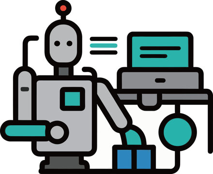A colorful illustration features a cartoon-style robot interacting with a computer in a sleek workspace. The robot appears to assist in tasks, symbolizing the collaboration between technology and huma