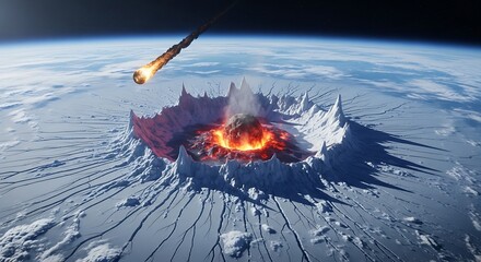 Catastrophic Meteor Strike Impact Creating Massive Crater Amidst Frozen Landscape Earth Globe