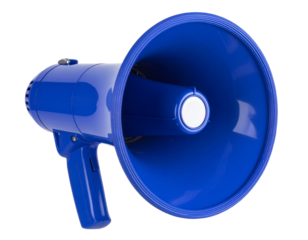 Angled Perspective of Glossy Blue Megaphone, isolated on transparent background PNG