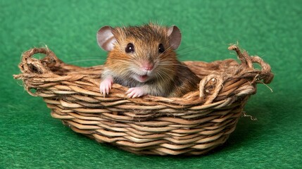 Adorable Tiny Mouse in Woven Basket on Green Background