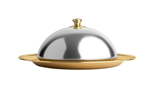 Silver metal cloche with golden serving tray luxury restaurant food dome illustration isolated on white background