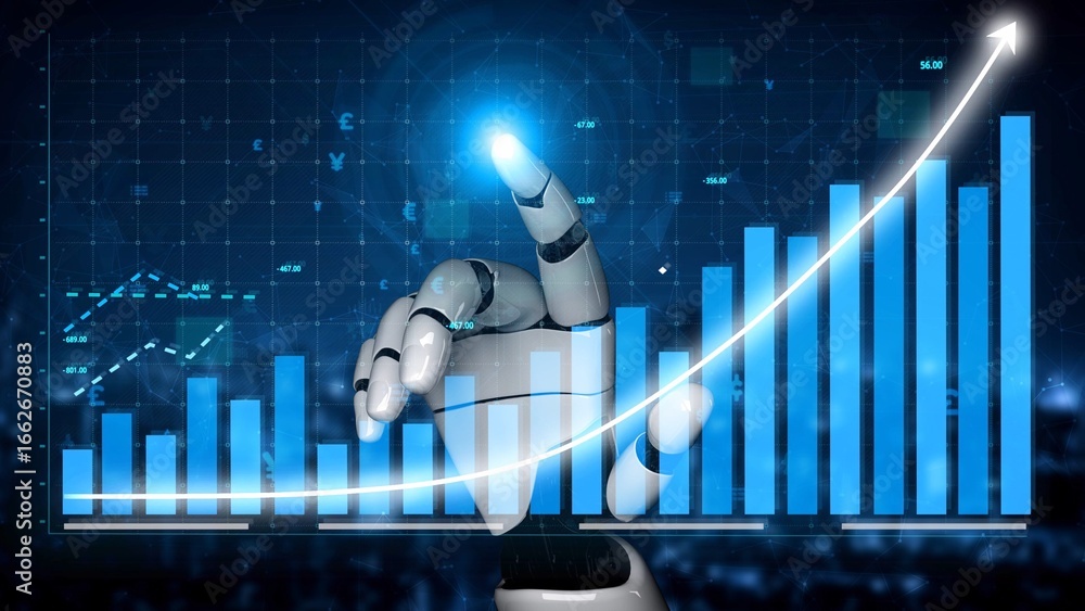 Aufkleber a futuristic robot hand points at a digital graph, illustrating growth and advanced technology trend