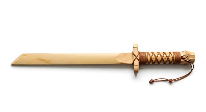 Traditional Wooden Training Sword with Wrapped Handle, Isolated on White Background for Martial Arts Practice - Powered by Adobe