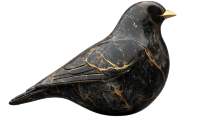 Elegant black marble bird sculpture with golden texture decorative art figure isolated on white background