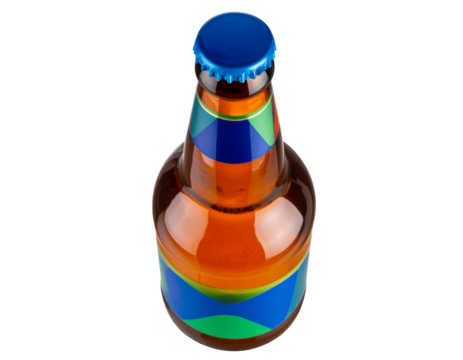 Top-Down Perspective of Beer Bottle with Geometric Pattern Label, isolated on transparent background PNG