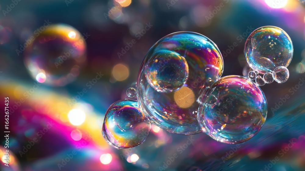 Poster macro of connected soap bubbles colorful bubbles glimmer against a vibrant background, creating a wh