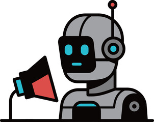 Fototapeta premium A humanoid robot with a sleek design is positioned next to a microphone, symbolizing communication and technology. This futuristic depiction highlights advancements in artificial intelligence and its 