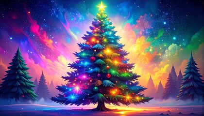 Colorful Christmas tree in a vibrant starry sky