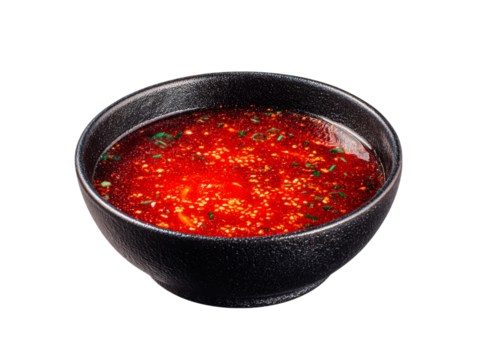 Spicy red soup in black bowl asian cuisine food, Isolated On White Background, Png Transparent