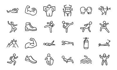 Fitness and Workout Line Icons Set Exercise, Gym Training, Weightlifting, Yoga, Martial Arts, Boxing, Running, Swimming, Sports and Healthy Lifestyle Vector Illustrations