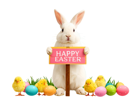  PNG Happy Easter Bunny with Festive Greeting Sign against Transparent Background