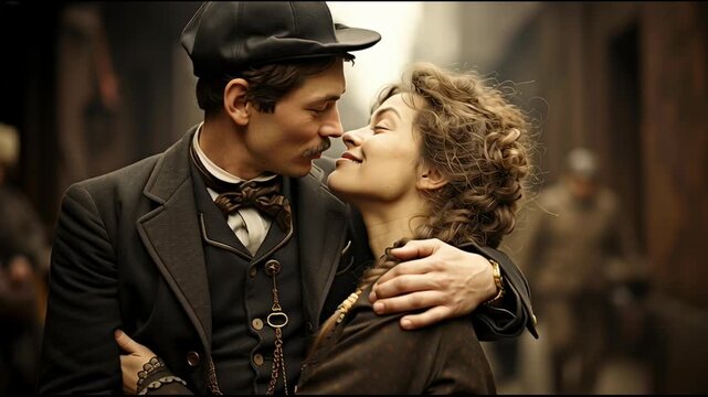 Victorian era couple posing in narrow street, dressed in period attire, evoking vintage charm and timeless atmosphere