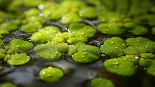 Macro of green azolla Lush green leaves with water droplets resting on a tranquil surface.