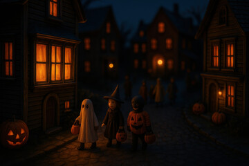 Children trick or treating in spooky halloween village at night with carved pumpkins and glowing windows in festive holiday setting