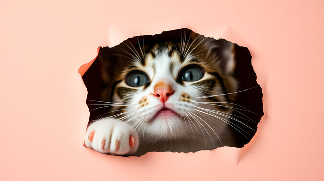 Cat muzzle and paw peeps out through a hole in paper isolated on colorful background