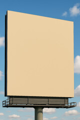 Blank outdoor billboard sign against blue sky with clouds ready for advertising message or promotional graphic mockup