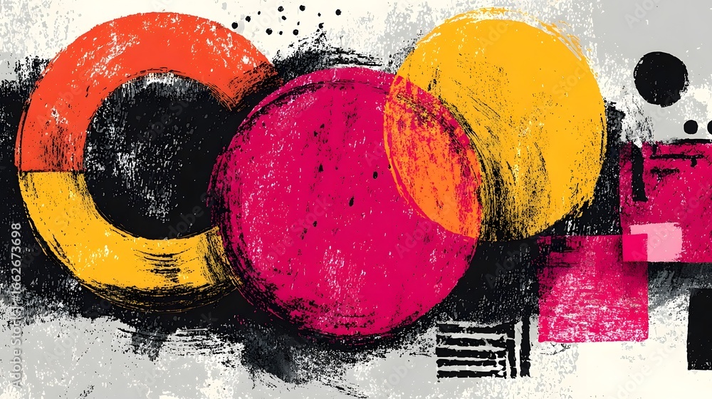 Poster a bold dynamic composition of vibrant overlapping geometric shapes and abstract brush strokes in a r