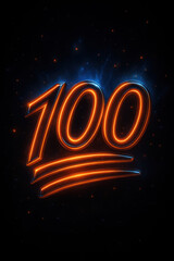 Glowing red neon 100 emoji symbol with dynamic lines on dark space background representing achievement energy and positivity