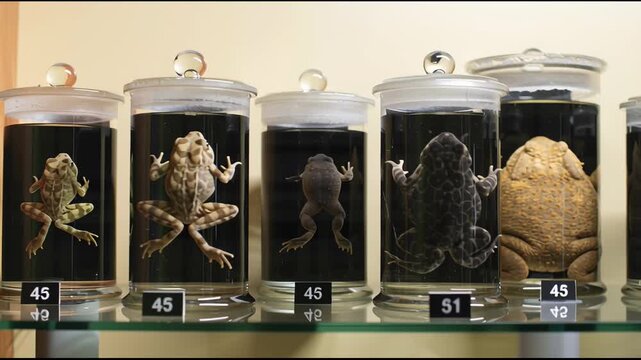 Large preserved toad and frogs in formalin-filled glass containers, displayed for scientific research and biology study