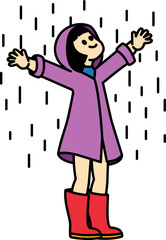 A girl in a purple raincoat is standing in the rain
