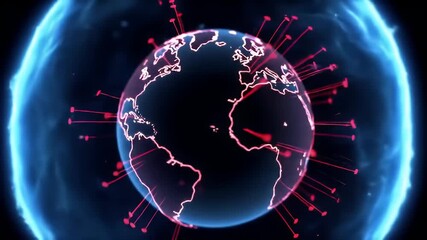 Digital Earth Globe with Viral Projections and Energetic Aura, Futuristic World Map with Red Projections and Glowing Blue Energy Fields - Powered by Adobe