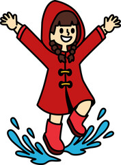 A girl in a red raincoat is jumping in the rain