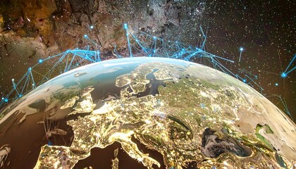 A digitally enhanced image of Earth from space, focusing on Europe, illuminated with glowing city lights and connected by a glowing network, symbolizing global digital communication and connectivity.