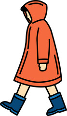 A person is walking in raincoat and boots