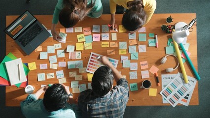Group of creative team looking and planning idea while manager holding sticky notes and presenting...