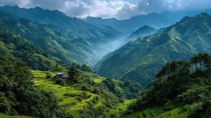 Naklejka premium Lush valley nestled between majestic, verdant mountains