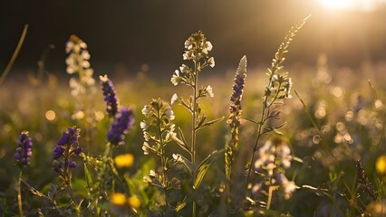 Obraz premium field of wildflowers and sun rays