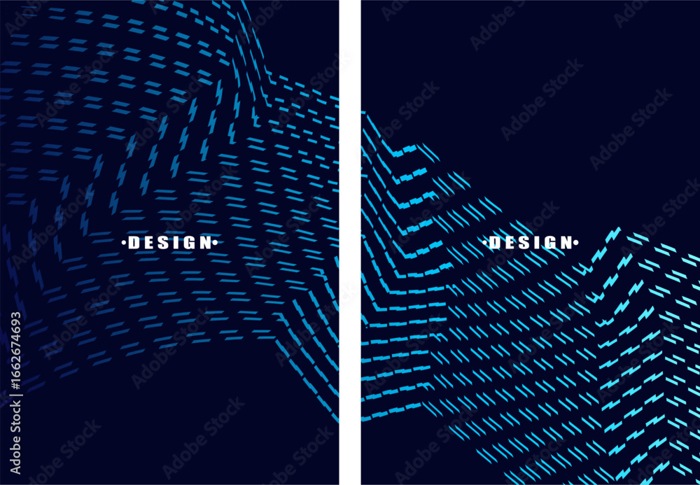 Poster a set of abstract vector dark blue backgrounds with a dynamic flowing wave pattern consisting of man