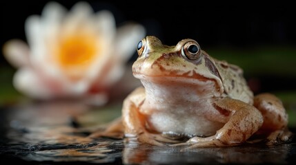 Close-Up of a Frog on a Wet Surface with a Lily Flower in the Background