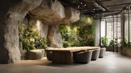 Modern, earthy meeting room with rock and plant d?cor