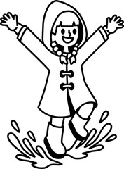 black and white illustration of a girl in a raincoat is jumping in the rain