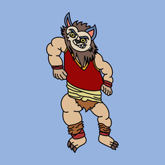 Cartoon Werewolf Warrior Character in Traditional Costume Vector Illustration
