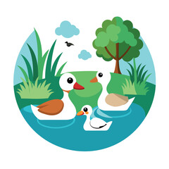 Duck Family Swimming in a Pond – Nature and Wildlife Illustration