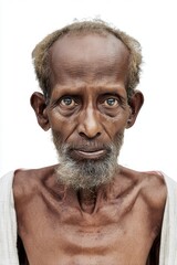 Poor Bangladeshi man in traditional attire on white background.