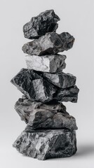 Fototapeta premium Stacked dark gray and black rocks against plain background