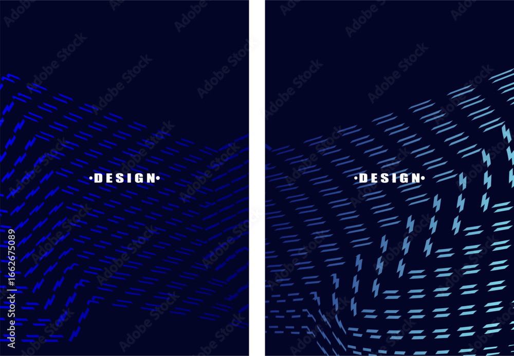 Poster a set of abstract vector dark blue backgrounds with a dynamic flowing wave pattern consisting of man
