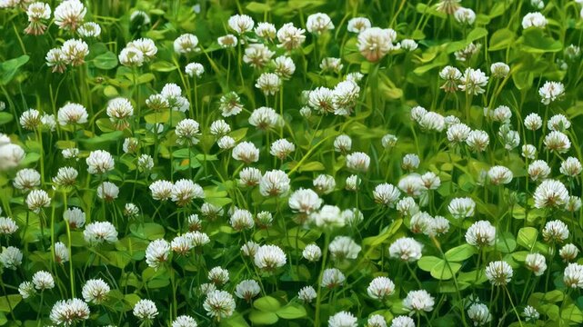 Close-up of a field of white clover flowers. Numerous fluffy white blossoms contrast with vibrant green clover leaves and grassy stems. A peaceful, natural scene