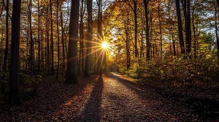 Obraz premium Autumn sunbeams pierce a forest path